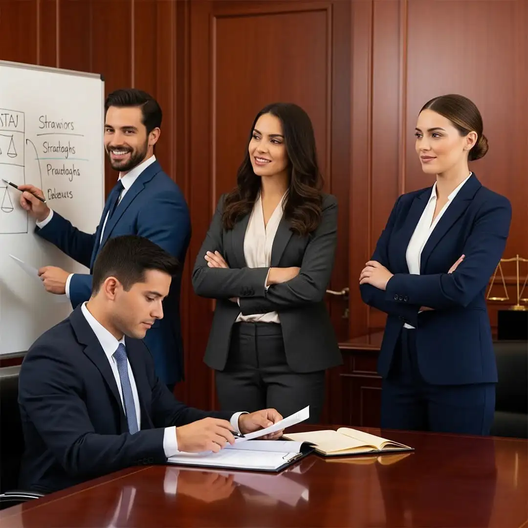 Equipo de profesionales en traje de negocios reunidos en sala de conferencias.